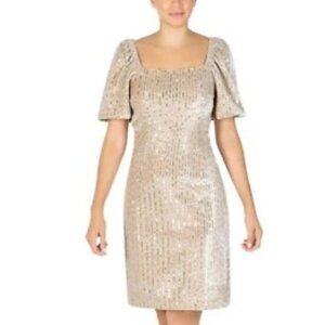 Julia Jordan Ivory Sequin Puff Sleeve Velvet Sheath Dress Gray Tan Size 8 #3015